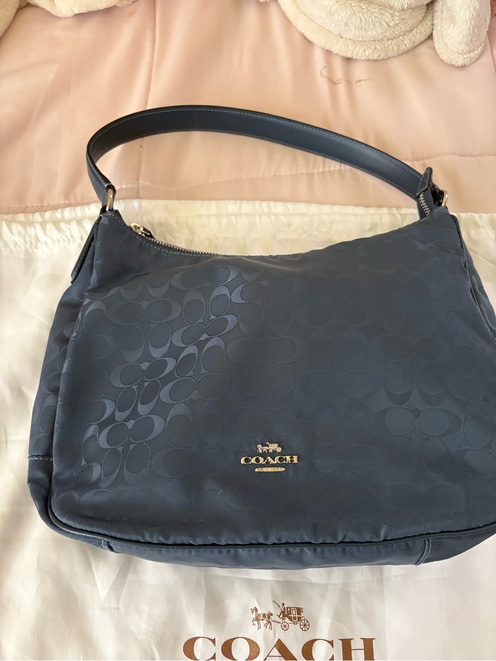 Coach Navy Jacquard Signature Shoulder Bag with Gold Logo